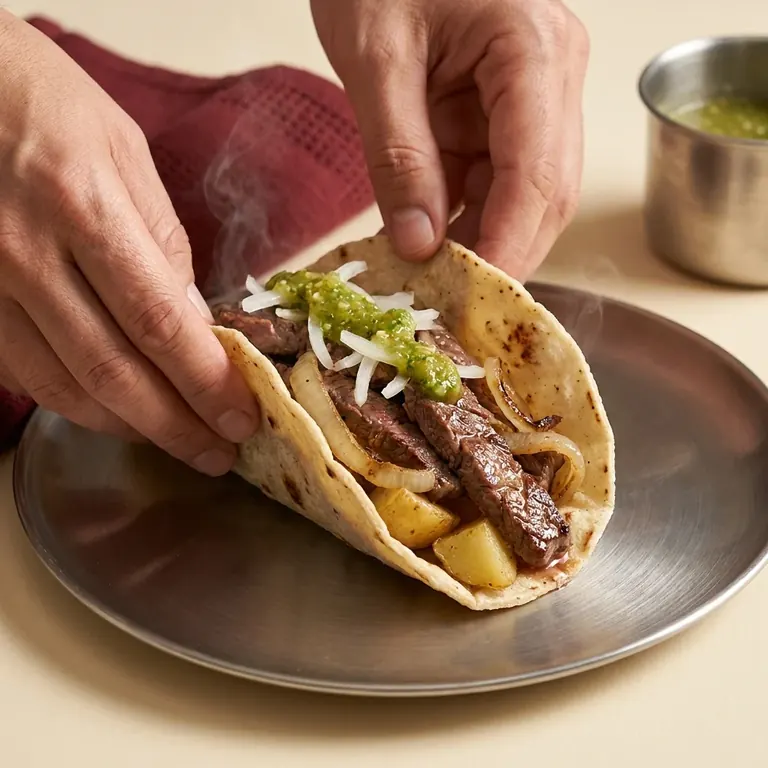 Manos preparando un taco de bistec con papa, cebolla y salsa