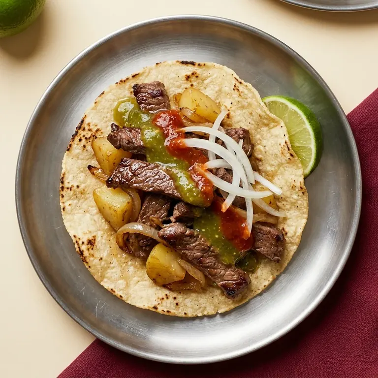 Taco de bistec con papa, cebolla y salsas visto desde arriba