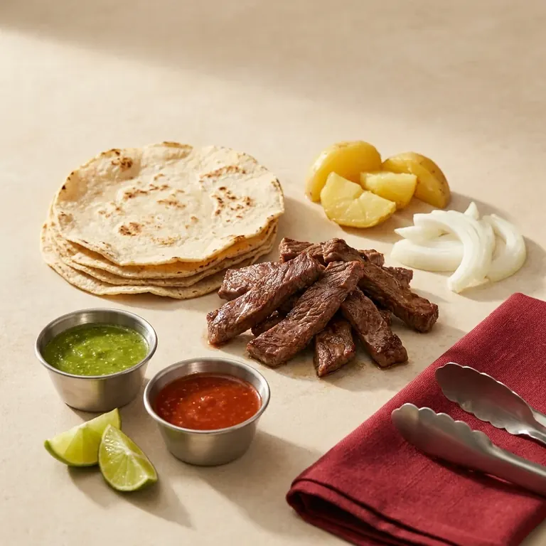 Tortillas, bistec, papa, cebolla, limón y salsas preparados para servir