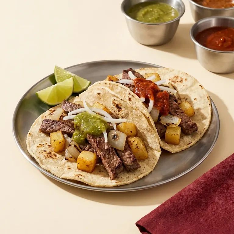 Dos tacos de bistec con papa, cebolla, limón y salsas